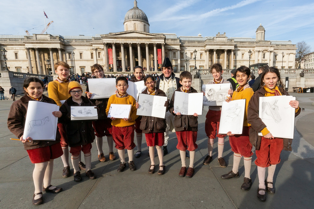 Pupils from Hill House School join historic messenger, Lapenotiere, for sketching in Trafalgar Squar