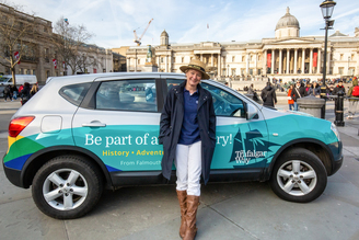 Kathy Brown, Director of The Trafalgar Way, visits Trafalgar Square for the launch of the Postcards 